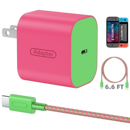 Switch 2 Charger with 6.6FT/2M USB-C Cable - 60W AC Power Adapter, Support 4K TV Dock & PD3.0 Fast Charging, Power Supply 20V/3A Charger for Nintendo Switch 2/1, Wii Charger(6.6FT - Neon Pink & Green)