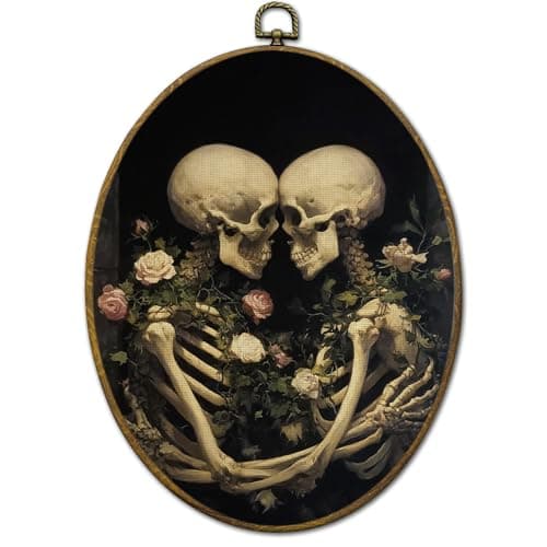 QZQE Vintage Romantic Couple Skeleton Oval Wall Art Decor Framed, Dark Academia Floral Skull Oval Canvas Prints, Gothic Skeleton Wall Hanging Decor for Home Bedroom Living Room, 8.6x11.4 Inch