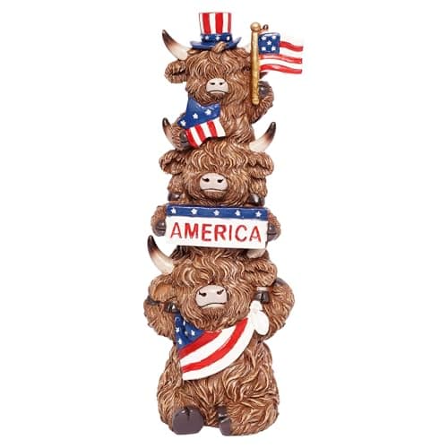 7.09inch Highland Cow 4th of July Decor, Stacked Patriotic Trio Figurine with Star & Stripe Accents, Rustic Resin Figurine for Farmhouse Table Decoration, US 250th Independence Memorial Day Gift