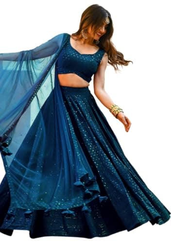 Indya Blue Embroidered Georgette Lehenga Set with Dupatta for Women, Sleeveless, V-Neck