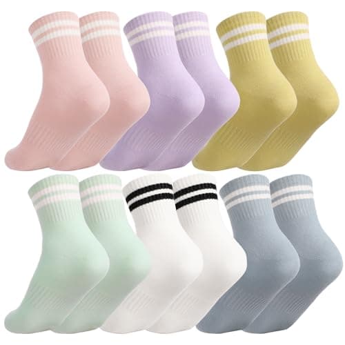 scenicamp 6 Pairs Kids Girls Crew Socks, Colored Cute Cotton Athletic Mid-calf Socks with Stripes, Soft Breathable Casual Sock for Teen Girls 6-8 years