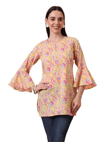 Tissu Women's Yellow Printed Pure Cotton Flared Sleeves Tunic Kurti (2295_Yellow_L)