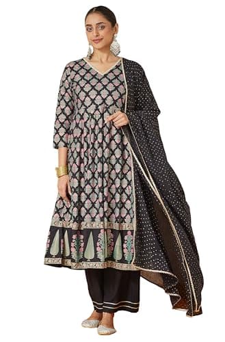 Janasya Indian Women's Rayon Black Ethnic Print Festive Wear Kurta Set for Women