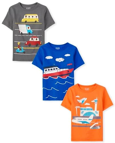 The Children's Place Baby Boys and Toddler Short Sleeve Graphic 3-Pack T-Shirt, Vehicles/Airplanes/Boat, 18-24 Months