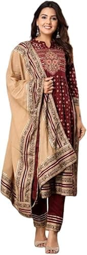 Indian Women's wear Rayon Handwork Kurti/Kurta/Tunics, Pant With Cotton Dupatta Ready To Wear Salwar Suit Dress|Maroon