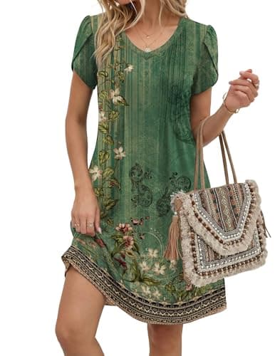 Zeagoo Floral Dress for Women Casual Summer Dress 2026 Boho Dress Short Sleeve Sundress Flowy A Line Dresses, Green Floral 01