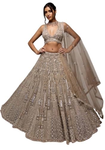 Indya Gold Sequin Work Net Lehenga Set for Wedding Lehengas | XL Size | Sleeveless | Ethnic Wear | V-Neck