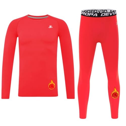 DEVOROPA Youth Boys Fleece Lined Compression Shirts & Pants Kids Girls Thermal Underwear Set Athletic Tops Leggings Baselayer Red L