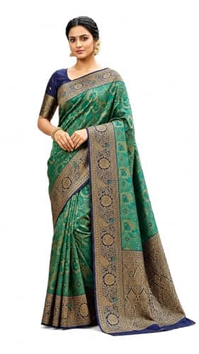TRILOK CREATION Women’s Banarasi Silk Saree with Woven Traditional Design | Elegant Ethnic Wear for Wedding & Festive Occasions (Rama and royal blue)