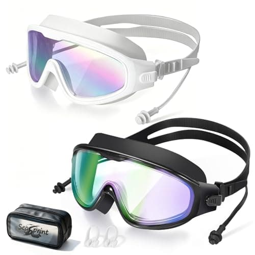 seasprint 2Pack Adult Swimming Goggles,Leak-Proof,Anti-Fog Pool Glasses,Wide View Swim Goggles with Ear Plugs and Nose Clip,Suitable for Indoor/Outdoor Swimming(Dazzling Mirror White+Black)