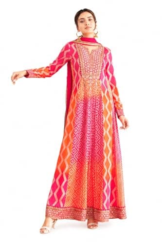 LEELICHI Women's Chinnon Silk Embroidery Salwar Suit Anarkali Kurta Set with Dupatta (US, Alpha, Large, Regular, Regular, Rani Pink)