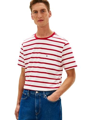 Tommy Hilfiger Men's Essential Regular Fit Pocket Tee,Ecru/Medium RED Stripe X-Large
