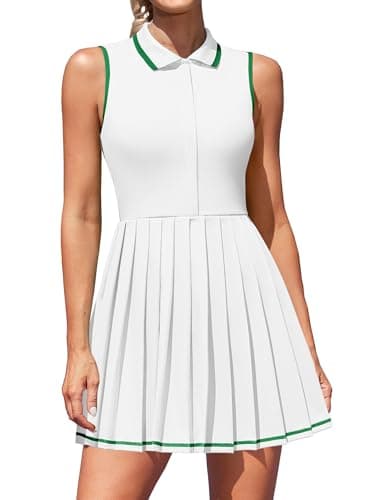 ATTRACO Women's Tennis Dress with Separate Shorts Pleated Athletic Polo Golf Dress with Built-in Bra White M