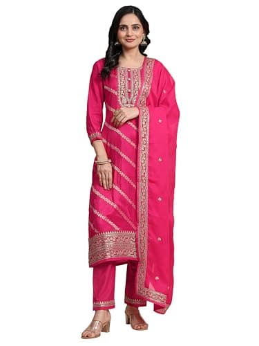 TRENDMALLS Women's Jaquard Silk Embroidery Sequence Work Kurta Pant with Dupatta (G258-Pink-L)