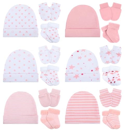 Toulite 6 Pack Preemie Newborn Hats Mittens and Socks Set Cotton Beanie Hats Socks and No Scratch Mittens(0-6 Month,Cute Style,White Pink Color)