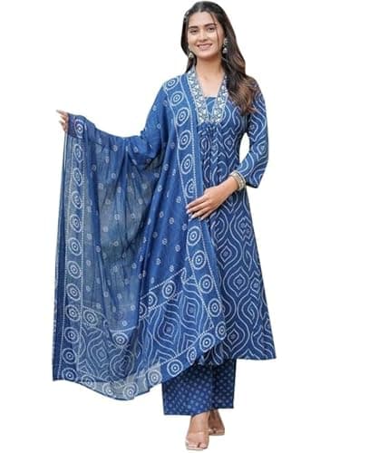 SAYANG Cotton Anarkali Indian Kurti for Women Summer Dress Kurta Pant with Dupatta Set (Blue, XX-Large)