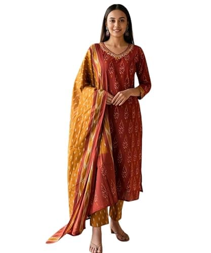 PATALIYA Cotton Straight Indian Kurti For Women Summer Dress Kurta Pant With Dupatta Set (US, Alpha, X-Large, Regular, Regular, Brown)