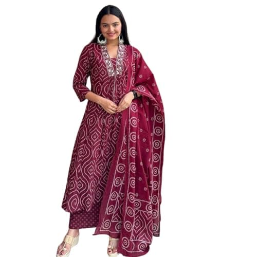AJORIGIN Cotton Anarkali Indian Kurti for Women Summer Dress Kurta Pant with Dupatta Set (US, Alpha, Small, Regular, Regular, Wine)
