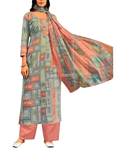 ladyline Lawn Cotton Printed Mirror Work Salwar Kameez Suit Palazzo Pants (M/Multicoloured/40)