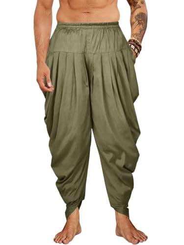 PASLTER Mens Kaftan Linen Cotton Pants Casual Kurta Elastic Waist Harem Baggy Yoga Pants Loose Fit Boho Hippie Trousers Army Green