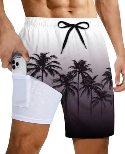 Cozople Swim Trunks for Men's Swim Shorts with Boxer Brief Lined Quick Dry Bathing Suit Palm Tree Printed No Chafing Ombre Black Beach Board Shorts M