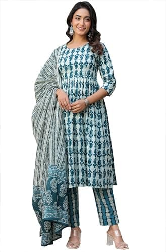 Janasya Indian Women's Cotton Teal Casual Kurta Set for Women