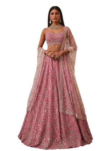 Indya Women's Pink Silk Embroidered Lehenga Set with Strappy Sleeves and Square Neck