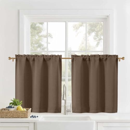 OVZME Brown Kitchen Curtains 30 Inch Length - Light Filtering Small Window Curtains Tiers for Kitchen Over Sink, Half Window Treatments Short Curtains for Bathroom, 2 Panels, Each 30Wx30L