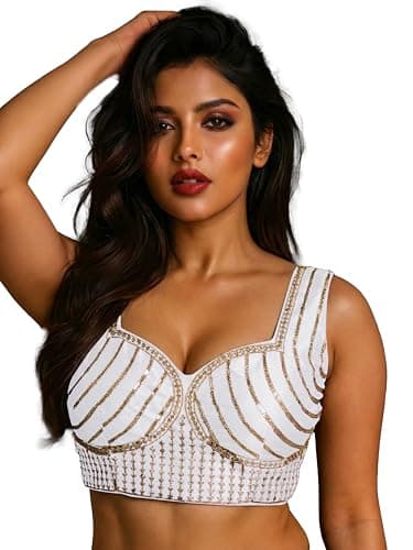 TRENDMALLS Women's Dhupion Silk Embroidery Sequence Work Blouse Choli Stylish Saree Blouse Ready to Wear (B13-White-Free)
