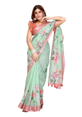 Indya Sea Green Printed Linen Saree Set for Festive | Indian Ethnic Wear