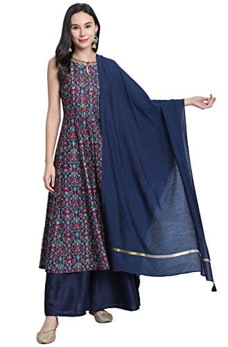 Janasya Indian Women's Blue Embellished Festive Wear Kurta Set for Women
