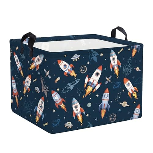 Clastyle Cosmic Space Kids Book Storage Basket Planet Clothes Laundry Basket Parents Gift Toy Box for Bedroom Shower, Rocket, 40x30x30 cm