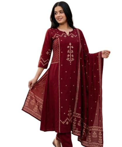 Women’s Cotton Bandhani Print Kurta Set with Dupatta and Pants, Ethnic Suit Set for Festive, Casual & Traditional Wear (US, Alpha, X-Large, Regular, Regular, Maroon)