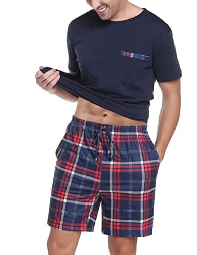 Sykooria Men's Plaid Summer Pjs - Soft Cotton Big & Tall Kurta Pajama Sets - Navy Blue