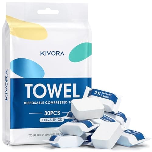 KIVORA Extra Thick Compressed Towel Tablets – Disposable Face Towels & Washcloths for Travel, Camping & Outdoor Use, 30 Pack Super Absorbent Cotton Towels for Emergency & Everyday Care