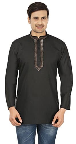 Maple Clothing Cotton Dress Men's Embroidered Short Kurta Shirt India Clothes (Black, 3XL)