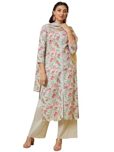 Tissu Women's Floral Printed Pure Cotton Kurta & Palazzo With Dupatta | Indian women kurta set (Tis-680_Green_XXL)