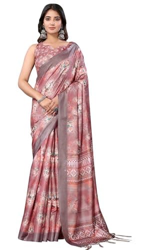 IMTRA FASHION Indian Saree for Women Ethnic Digital Print Art Silk Cotton Blend Sari With Unstitched Blouse Piece-(Brown)