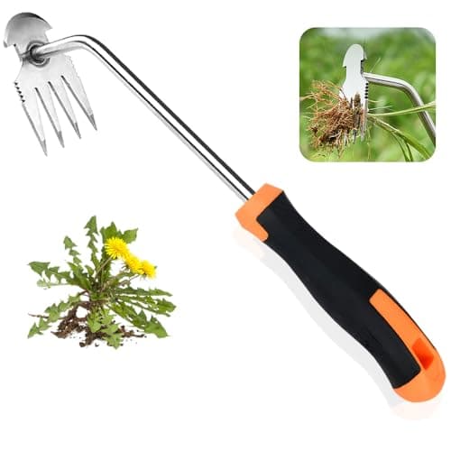 DWULCX Weed Puller Tool，2025 New Garden Weeder Tool Stainless Steel Hand Weeder Tool,4 Teethes Dual Purpose Weed Remover Tool Weeding Tools for Gardening (Rubber Handle)