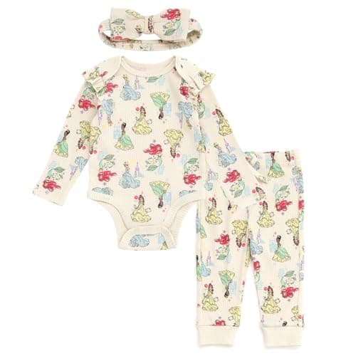 Disney Princess Newborn Baby Girls Ribbed Bodysuit, Jogger Pants and Headband 3 Piece Outfit Set Beige Princesses Newborn