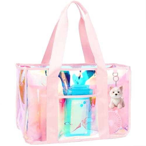 Fammart Iridescent Clear Beach Bags Waterproof Sandproof for Women, Large Jelly Tote Zipper Pool Bag Cruise Essentials 2026