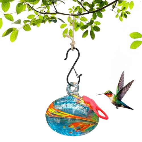 Pozfun Small Hummingbird Feeders for Outdoors Hanging,Hand-Blown Glass Hummingbird Feeder with Silicone Feeding Perch,Never Leak,Gardening Gifts for Woman Man(Blue)
