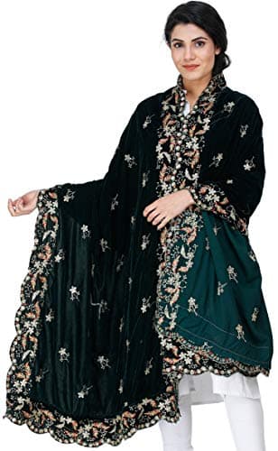 Exotic India Amritsar Velvet Dupatta with Embroidered Flowers and Sequins Ethnic Design Stole, Chunni For Women's