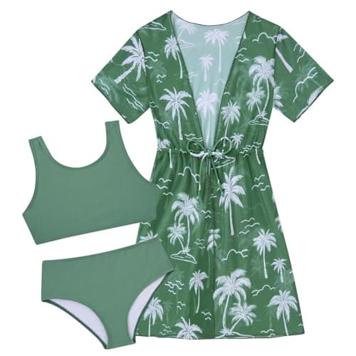 Enlifety Girls Green Swimsuit Size 9 10 Hawaiian Bikini Bathing Suit 3 Piece White Palm Tree Swim Suit with Cover Up