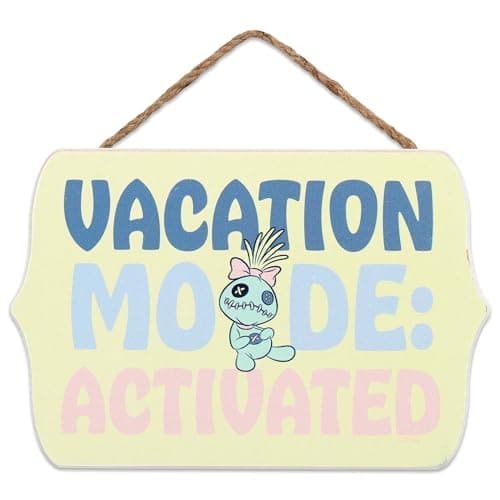 Disney Lilo and Stitch Vacation Mode Activated Hanging Wood Wall Decor - Fun Scrump Sign for Bedroom or Vacation Home