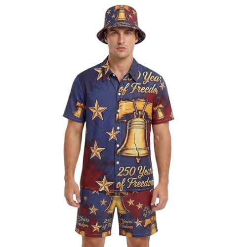 Harsever 4th of July Hawaiian Shirt Set for Men,Patriotic Beach Outfit with Shorts Bucket Hat,250th Anniversary Flag Outfit(Blue, L)