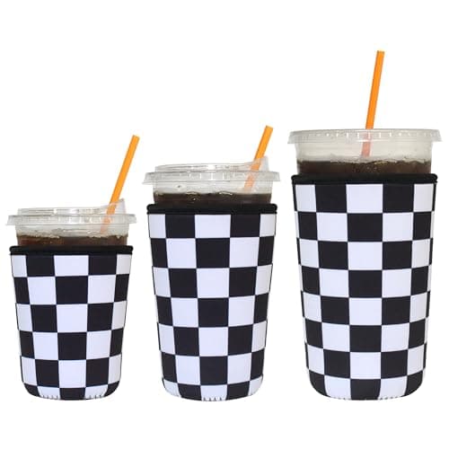 Xumbtvs 3 Pack Reusable Iced Coffee Sleeves - Insulator Neoprene Sleeve for Cold Beverages, Fashion Patterned Iced Coffee Cup Holder (Checkered)