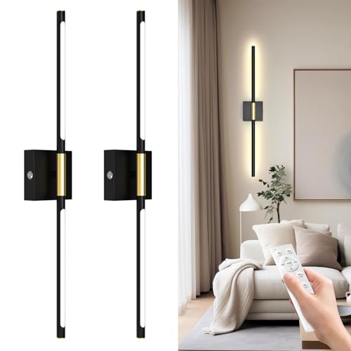 Aulaidik Battery Operated Wall Sconces Set of 2 Rechargeable LED Wall Lights, Dimmable 3000K-6500K, Battery Sconces Wall Decor for Bedroom Living Room Hallway（com (Black and Gold, 28 INCH)