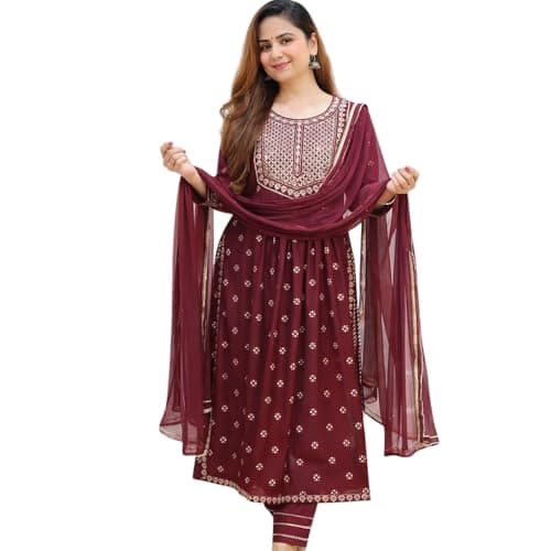 RangMahal Store Women’s Rayon Naira Cut Kurta Set with Dupatta – Embroidered Printed Indian Ethnic Suit, Round Neck, 3/4 Sleeves, Office, Festive & Casual Wear-2X-Large
