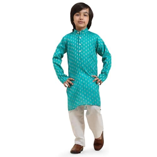 Pro-Ethic Style Developer Cotton Kurta Set For Kid's Boys Indian Traditional wear | Boys Wedding & Festive Dress (S-234), 7-8 years, Firozi